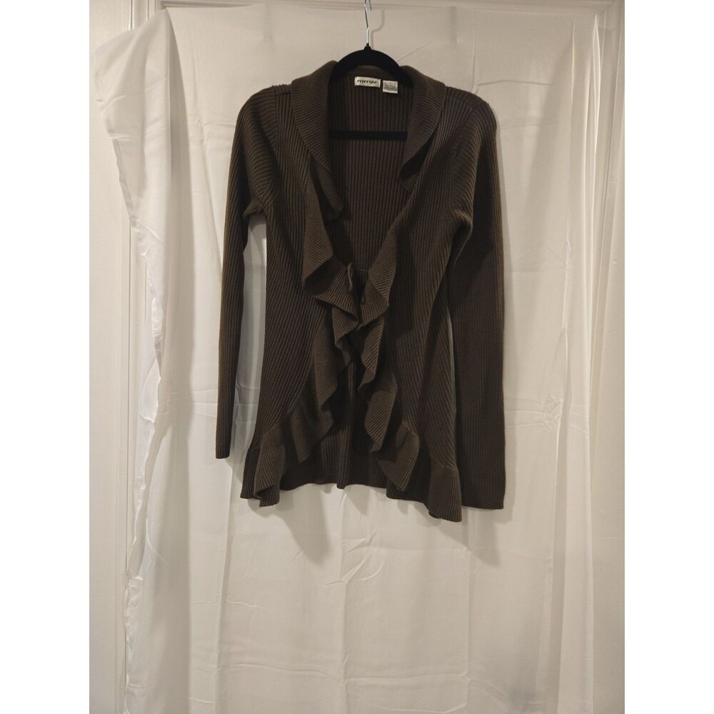 Vintage Energie Brown Ruffle Front Ribbed Knit Cardigan